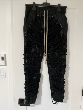 Black Lace-Up Detail Waxed Stretchy Joggers, Size 32